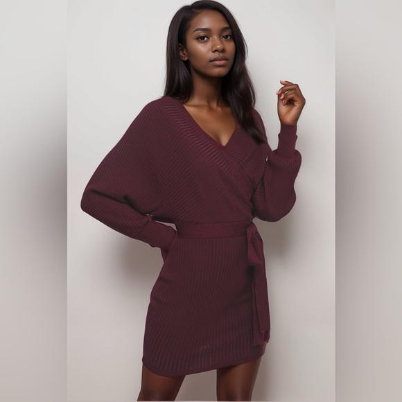 Wrap Sweater Mini Dress Burgundy NWT - Picture 1 of 8